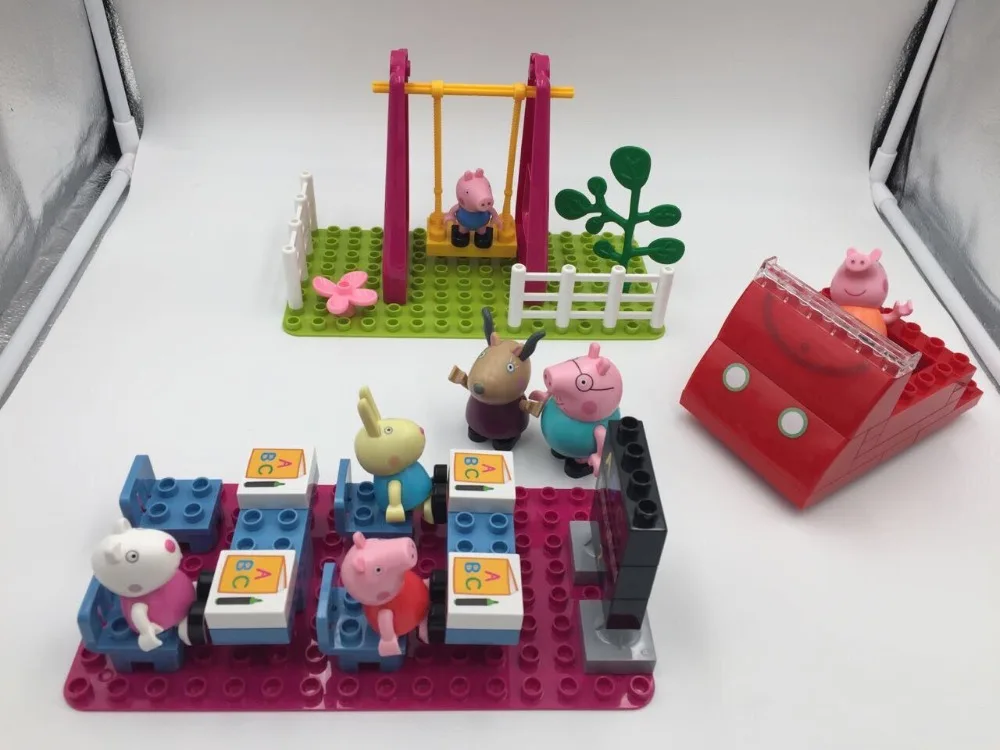 Роскошный подлинный набор строительных блоков Свинка Пеппа, качели, горка, красная машина, лодка, классная комната, поезд, игровой дом, детский дом, игрушка на день рождения