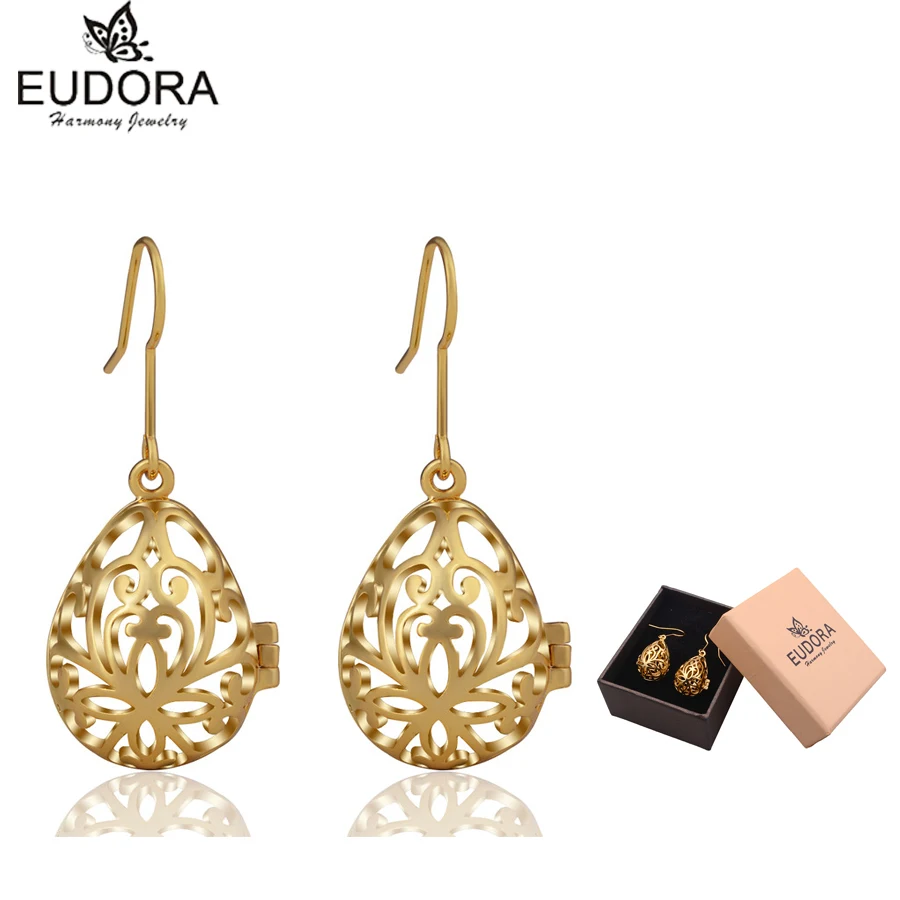 

EUDORA Water Drop Opened Cage Dangle Earrings Gold Drop Earrings Angel Caller 12mm Harmony Bola Maternity Locket Earring HER012
