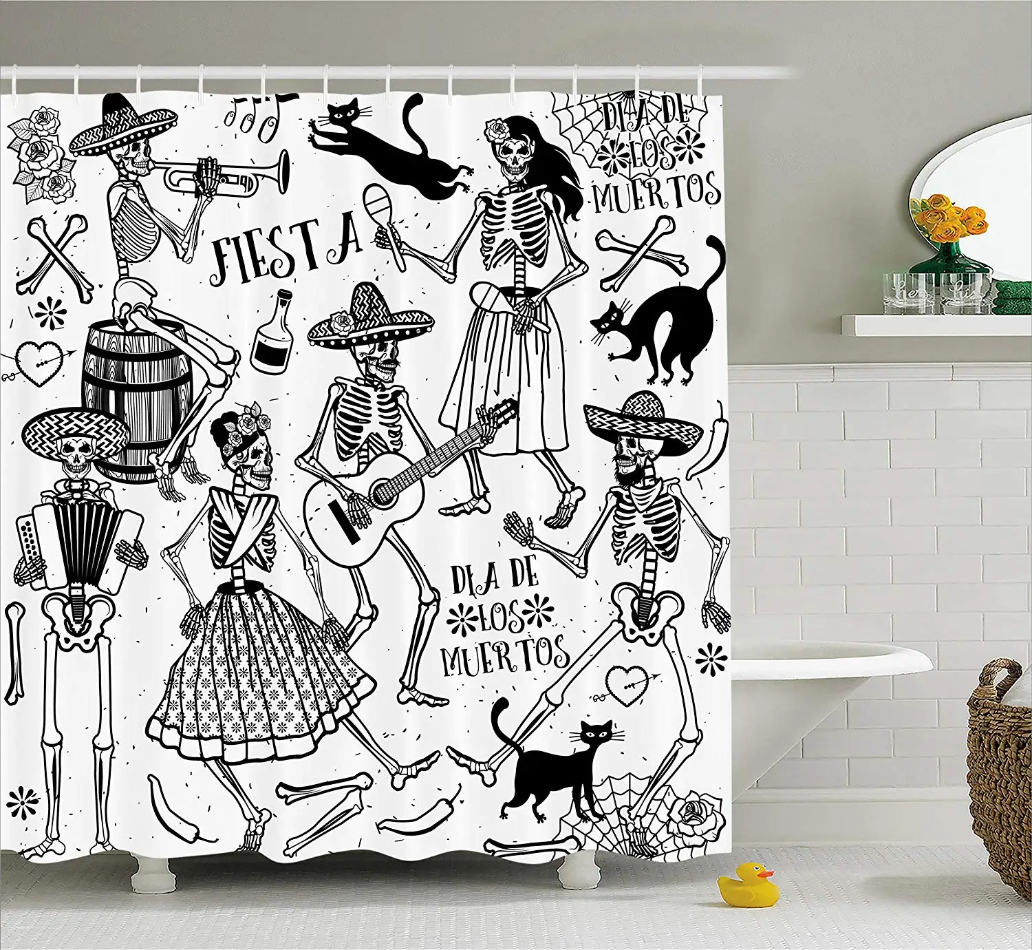 

Mexican Decorations Shower Curtain Dead Dancers Themed Woman and Man Skeleton Icon Playing Music Design Bathroom Set