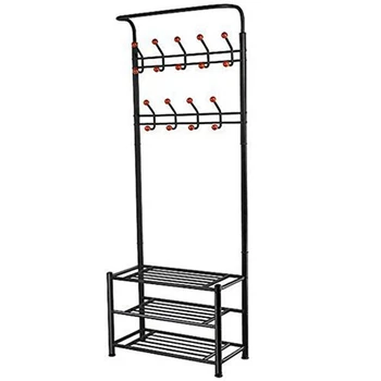 

18 Hooks Metal Clothes/Hat Hanger Tree Hall Stand Coats Rack/Stand with Shoes Storage Shelves (Black)