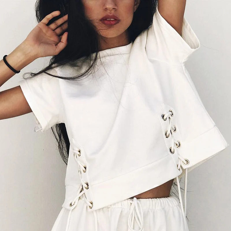 

Lace-up Loose Short O-Neck T-Shirt Solid Color Summer Women Short Sleeve Tee Hollow Hole Bandage Casual Bottom Tops