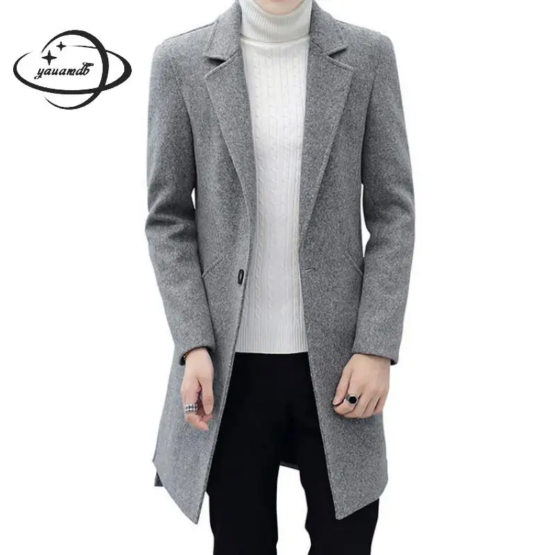 

YAUAMDB mens wool coats spring autumn M-3XL male blends jackets clothing single button pockets man outerwear long clothes ly127