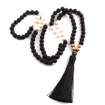 

Free Shipping Fashion Black Lava Stones Bohemian Tribal Jewelry Long Black Tassel Necklace For Women