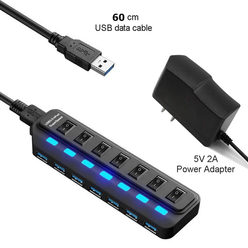 Usb-хаб 3,0 4 7 портов с переключателем питания светодиодный Разветвитель USB с несколькими разъемами US/EU/AU/UK адаптер питания для ноутбуков, ПК, компьютера, аксессуары