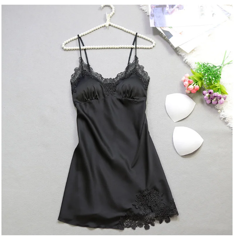 Sexy Silk Lace Sleepwear Dress Women Summer Solid Satin Nightgown Spaghetti Strap Sleeveless Nightwear Lingerie Sexy Night dress (22)