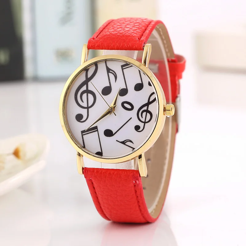 

Woman watch fashion musical note pattern quartz Wristwatch gold clock plate color leather strap, jewelry reloj mujer