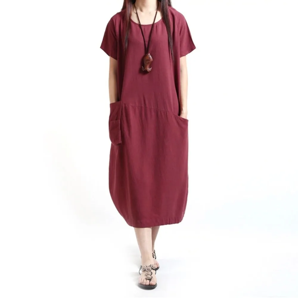 

2018 New Women Cotton Linen Casual Loose Dress Female O Neck Short Sleeve Dresses Vestidos 3 Color