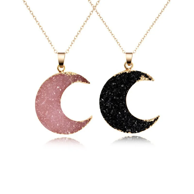 

2019 New Cute Moon Resin Stone Pendant Necklace Women Fake Druzy Gold Color Crescent Chain Necklace For Female Link Chain