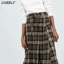 CHBBLF для женщин chic плед миди юбки Пояса пуговицы faldas mujer Винтаж Женский повседневное mid удлиненная юбка CDC8923