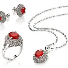 Модные ювелирные изделия Красный Циркон ожерелье кольцо кулон серьги набор#145