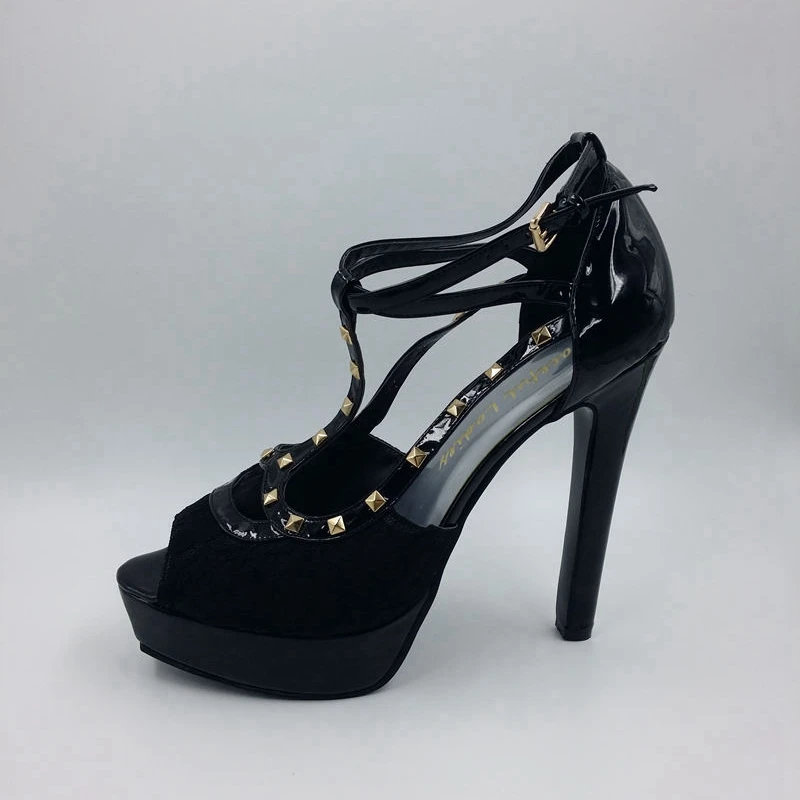 Black Sexy Sandals For Women Thin High Heels Platform Ankle Strap T-strap Rivets Decorated Peep Toe Patent Leather Ladies Shoes цена Black Sexy Sandals For Women Thin High Heels Platform Ankle Strap T-strap Rivets Decorated Peep Toe Patent Leather Ladies Shoes цены онлайн