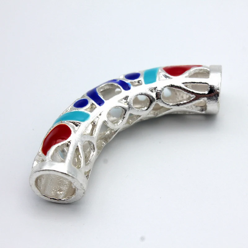2pcs 7mm Hole Silver Sliders with Blue and Red PatternTibet Curved Tube Butterfly Slider For DIY Bracelet Necklace Hair Jewelry Jewelry Findings