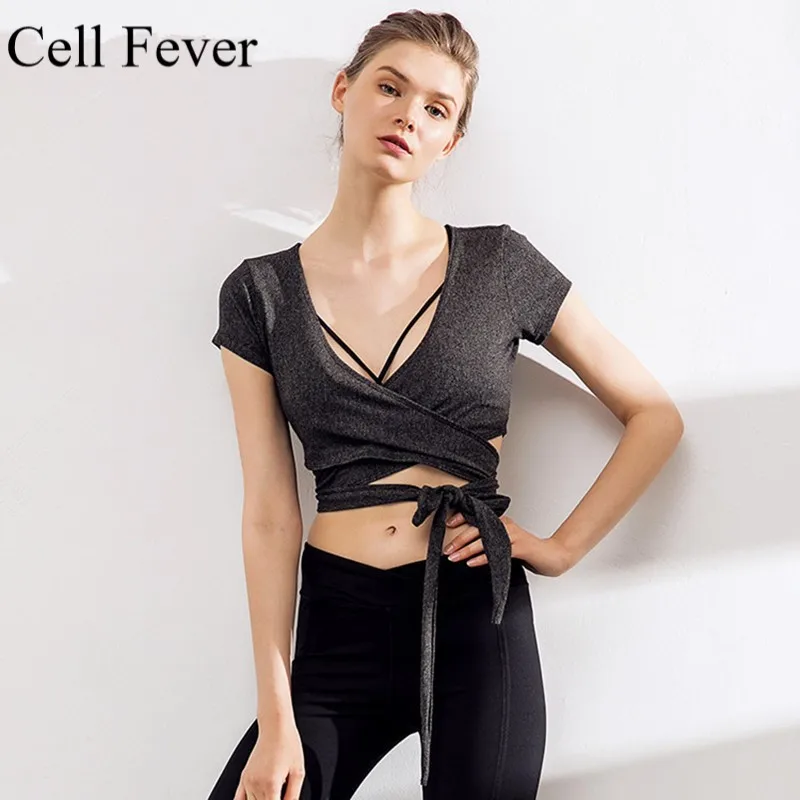 

Women Yoga Crop Tops Quick Dry T-shirts Slim Fit V Neck Short Sleeve Running Tees Fitness Workout Sports Bandage Solid Shirts