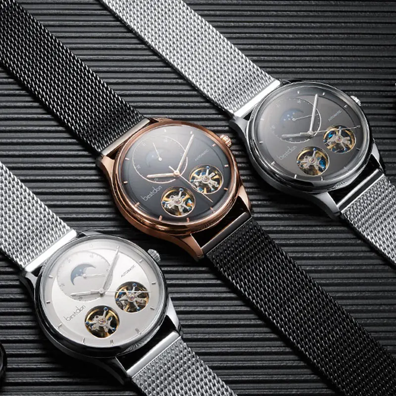 Bestdon Double Tourbillon Men's Watch Fashion Automatic Mechanical Watches Moon Phase Stainless Steel Switzerland Luxury Brand