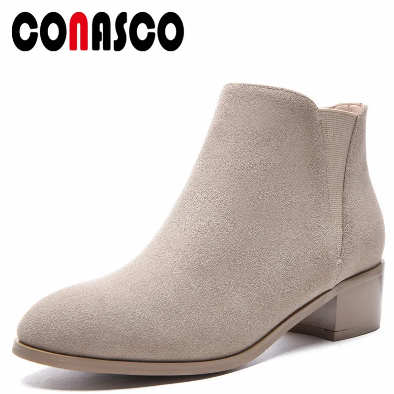 

CONASCO Basic Women Cow Suede Ankle Boots Elastic Band Short Autumn Winter Martin Shoes Woman Retro Motorcycle Boots Office Pump