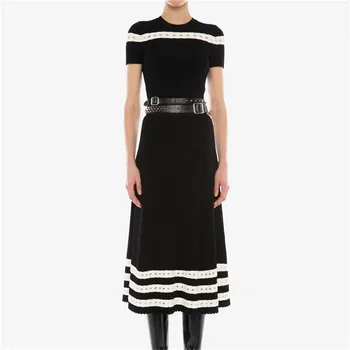

Runway Designer Two Piece Set Women Summer O-neck Short Sleeve Knitted Top+ High Waist Midi Skirt White Black Striped Set