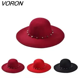VORON Бесплатная доставка 2017 новые модные винно-красные/черные шерстяные флоппи-шляпы с заклепками с большими полями для женщин/дам