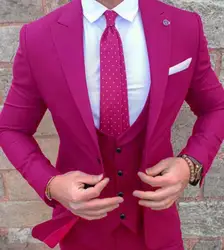 Модная одна кнопка красная роза жениха смокинги друзей жениха заостренный лацкан мужские костюмы пиджаки (куртка + брюки + жилет + галстук)