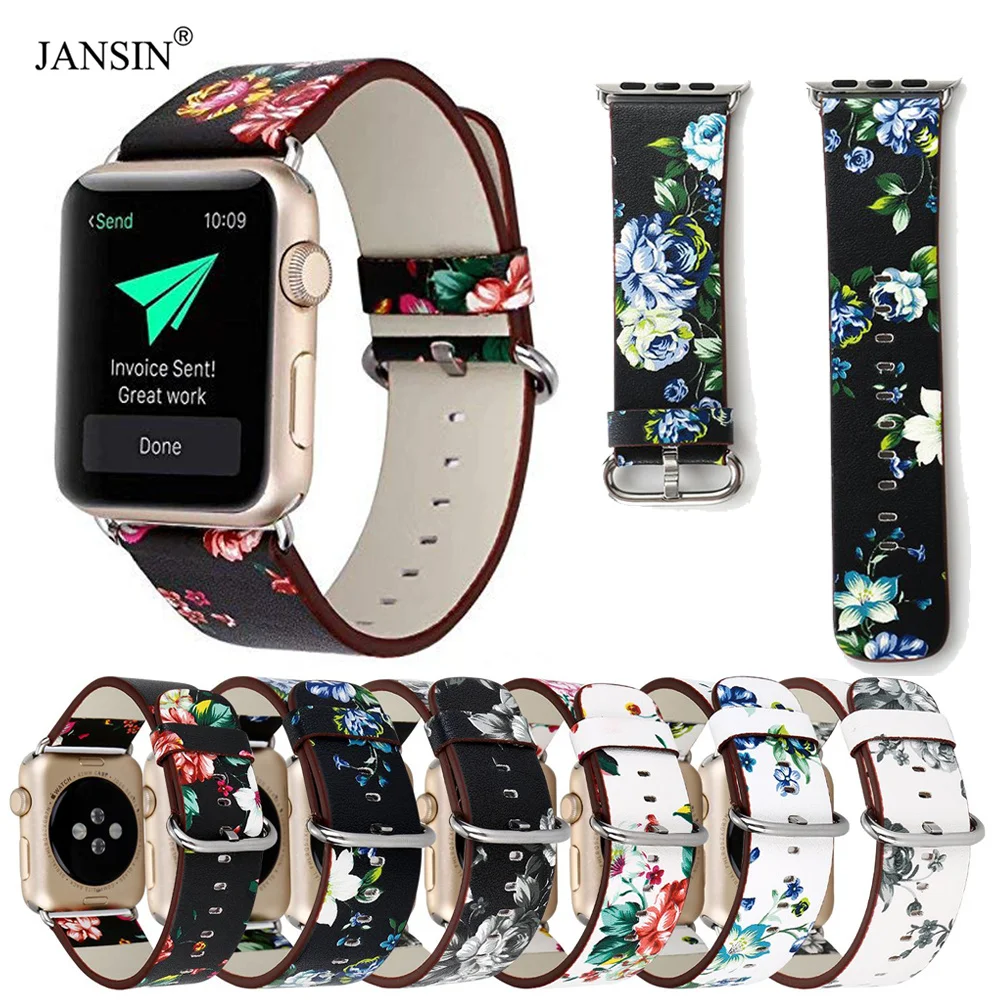 

Leather Replacement Strap For iWatch Series 5 4 3 2 1 Flower Design Wrist Bracelet For Apple Watch Band 38mm 42mm 40mm 44mm