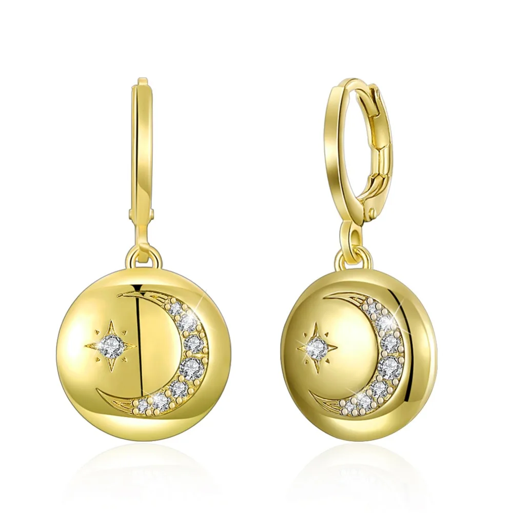 

Fashion Women Drop Earrings Star Moon Carved Zircons CZ Golden Round Pendant Dangle Earrings for Lady Casual Exquisite Jewelry