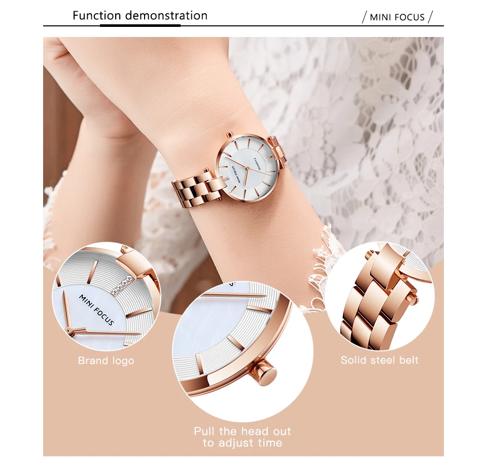 Женские наручные часы с мини-фокусом из розового золота, простой браслет из нержавеющей стали, водонепроницаемые кварцевые часы для женщин 0224