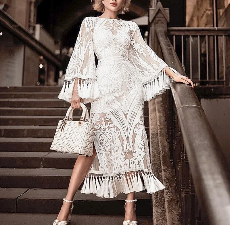 

Top Grade New Fashion 2019 Spring Evening Long Party Vestidos Women Allover Sequined Embroidery Tassel Party White Long Dress