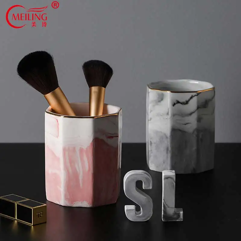 

Nordic Ceramic Marble Makeup Brushes Holder Gold Inlay Pink Grey Pen Dispenser Tableware Storage For Home Vanity Bathroom Decor