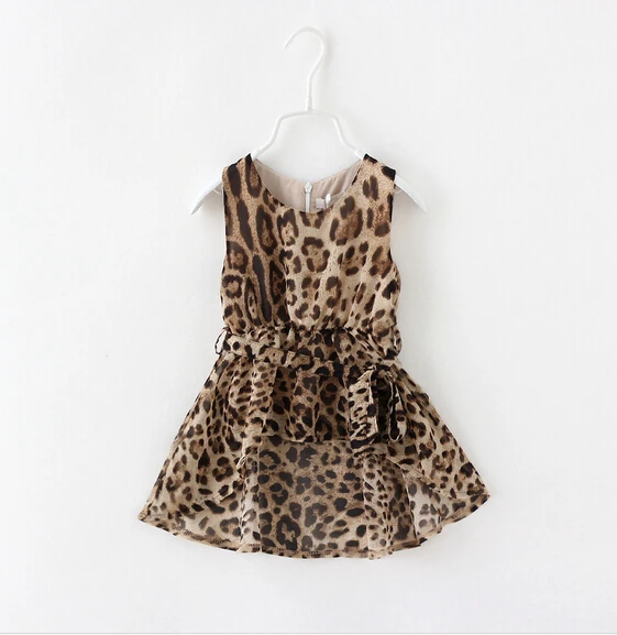 

Girls' Irregular Leopard-print Sleeveless Dress Children's Front Short Back Long Irregular Chiffon Vest dress Summer