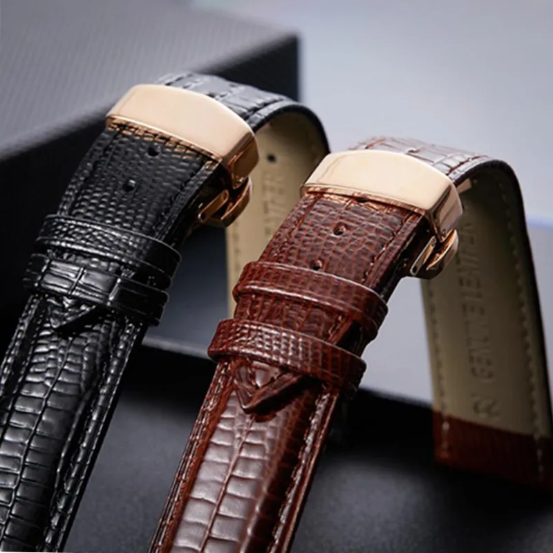 

2019 New Genuine Leather Watchband Cow Leather Gold Butterfly Buckle Lizard Texture Watch Band 12 14mm 16mm 18mm 20mm 22mm 24mm
