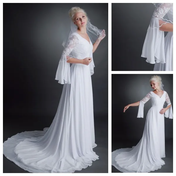 Poet Sleeves Lace Zipper Up High Covered V Neck Formal Court House Poet Sleeves Lace Zipper Up High Covered V Neck Formal Court House Chiffon Long Wedding Dress With In Dresses From Weddings Events On