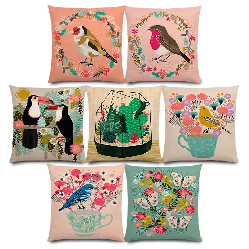 

New Bird Flowers Teacup European Goldfinch Robins Swans Flamingos Lepidoptera Cactus Cushion Cover Sofa Throw Pillow Case