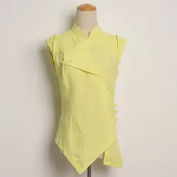 Лидер продаж без рукавов желтый хлопок лен женская рубашка воротник-стойка блузка Новинка Для женщин Формальные Топы корректирующие S-XL sy080