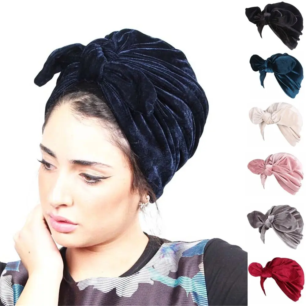 

2018 New Women Velvet Hat Rabbit Ears Turban Chemo Cap Head Wrap Indian Hair Accessory