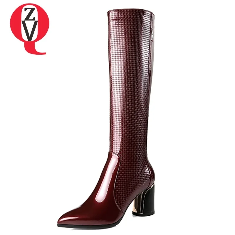 

ZVQ women shoes 2018 winter new fashion sexy pointed toe high quality genuine leather high round heels zip party knee high boots