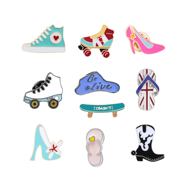 

Fashion Brooch Skates Skateboard Sandals High Heels Women Enamel Badge Pins Shoes Metal Icon Shirts Jackets Backpacks Button Pin