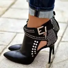 Большой размер,, черные кожаные ботильоны с острым носком и кристаллами, обувь на высоких каблуках, сандалии-гладиаторы с вырезами, женские модельные туфли