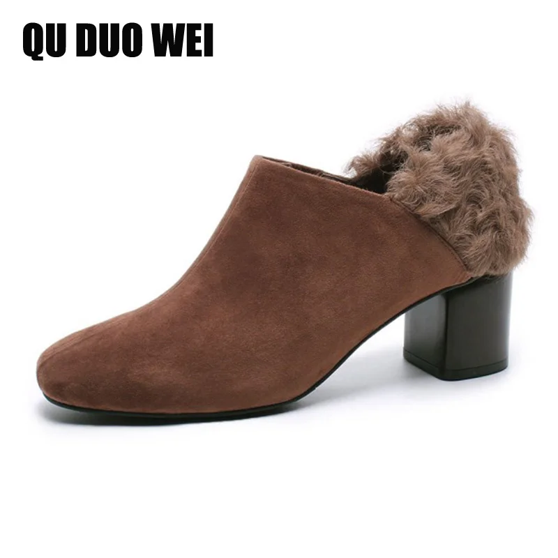 Kid Suede Leather font b Women b font Short Boots Black Brown Chunky Heels Ladies Pumps