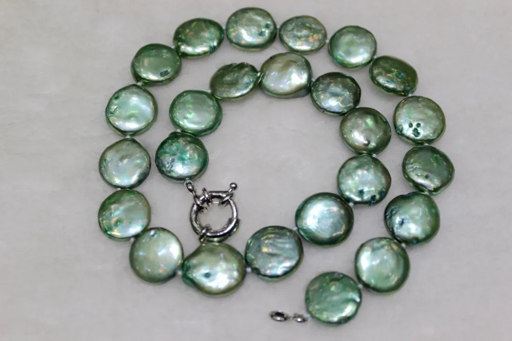 

huij 003306 Coin shape freshwater pearl necklace green 14-15mm 17INCH