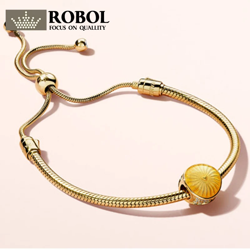 

ROBOL 100% 925 Sterling Silver New 18K Gold Shining Twinkle Bracelet Sunshine Sunshine Beaded Bracelet Set