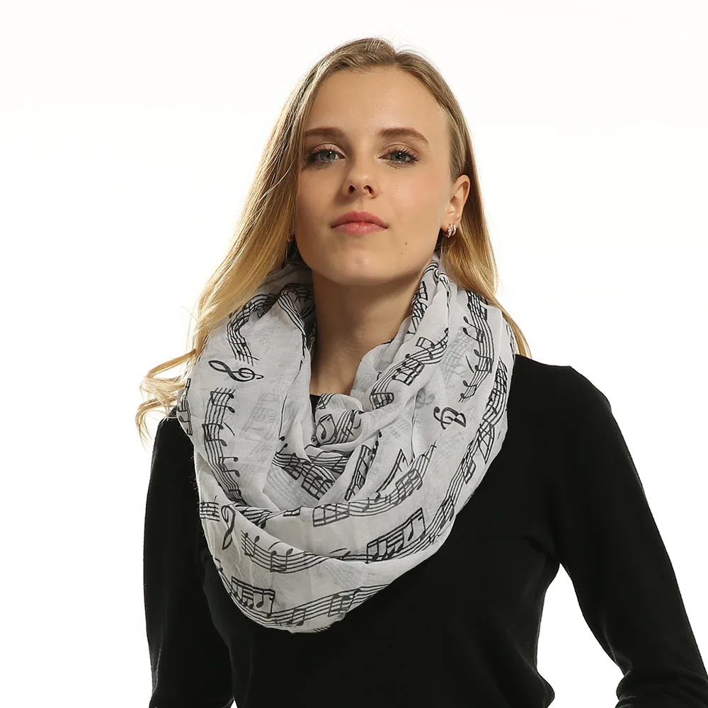 

2019 Fashion Women Infinity Scarf Soft Voile Music Notes Script Printed Loop Scarves and Shawls bufandas mujer Hot Sale charpes