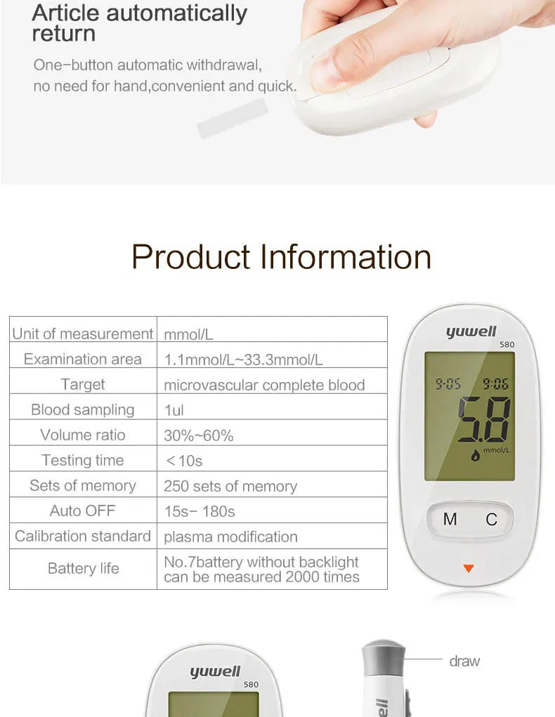 Medidor de Glicose Detecção de Açúcar Medidor de Saúde do Agregado Yuwell Sangue Diabético Glicose Familiar Monitores Ferramenta Xty580 no 15 detecção de açúcar no sangue glicose medidor