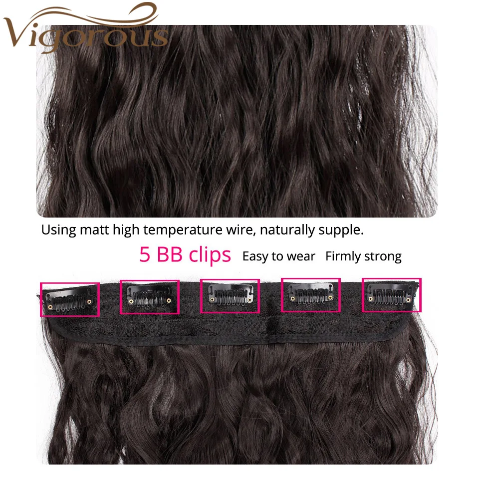 Vigorous 22 Inch Water Wave Synthetic Clip-in One Piece Black Synthetic Natural Hair Extension Heat Resistant