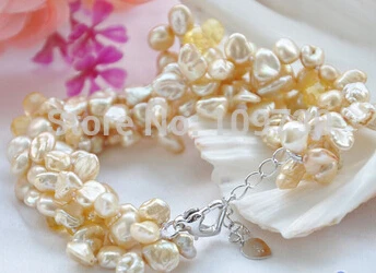 

hot sell4row 8~9" champagne lamina keshi pearl drip faceted citrine bracelet