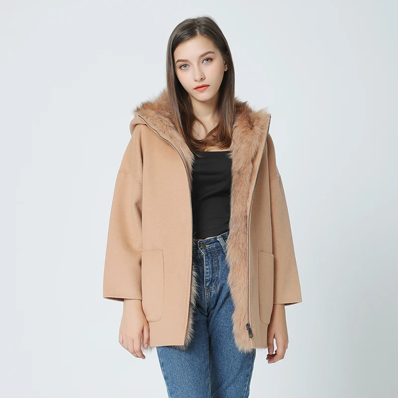 Женская куртка с капюшоном OFTBUY свободная из 100% натурального меха лисы 2019|wool blend