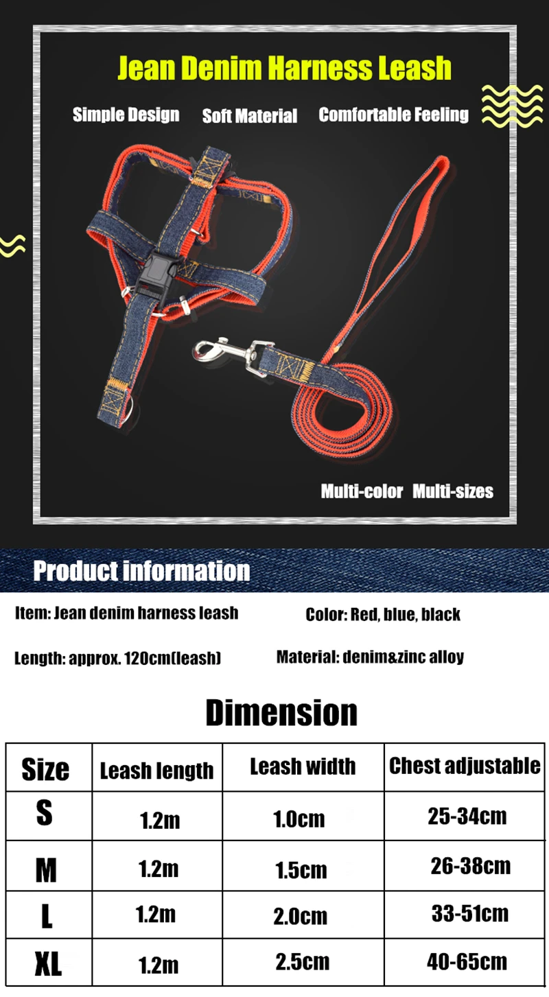 Fengpei Leash For Dogs Mascotas Cachorro Jean Denim Leash Harness Adjustable Chest Formula Leashes Vest Puppy Cat Collar Pets 3 Color 7