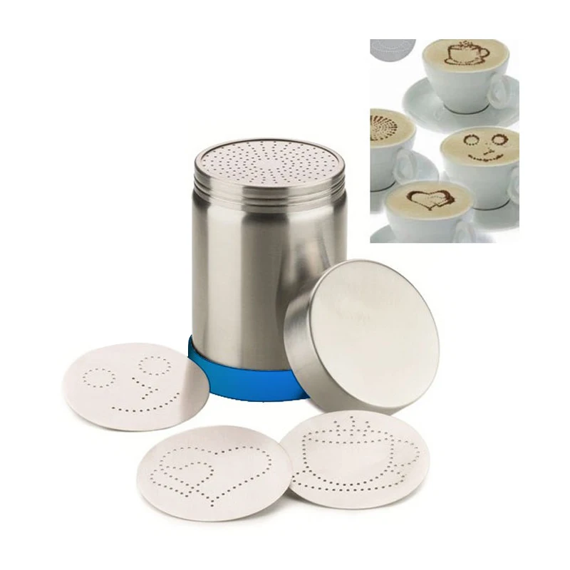 

Cappuccino Latte Art Tool Cocoa Powder Dispenser Tank w/Mould Chocolate Shaker Duster + Cappuccino Coffee Barista stencils set