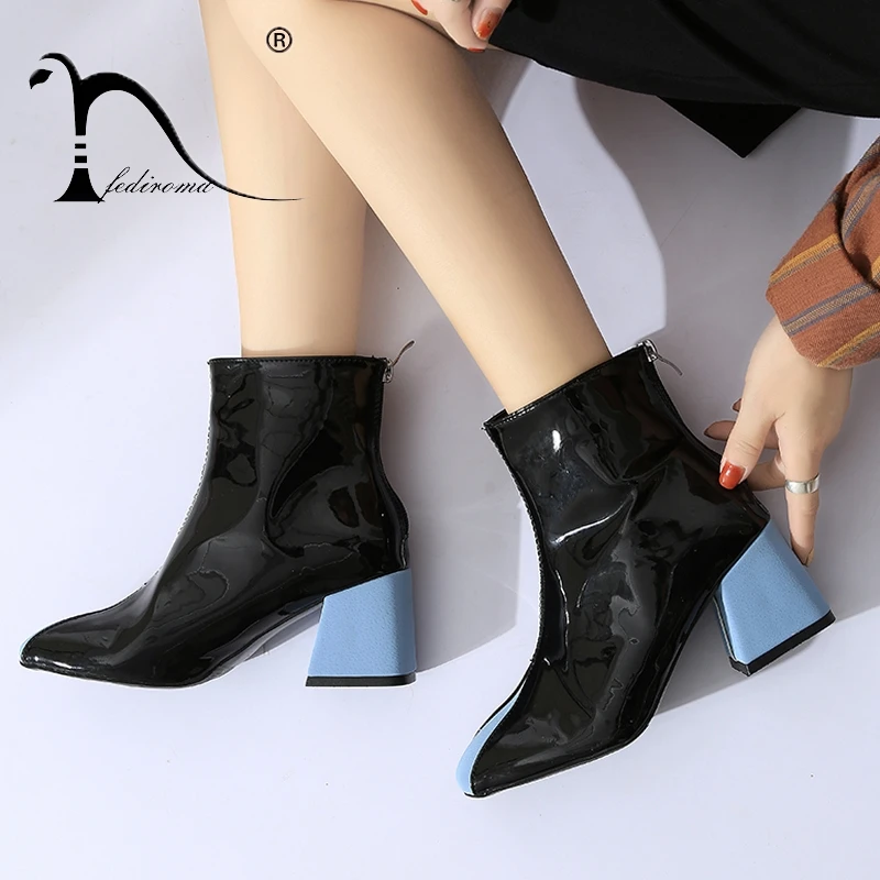 

FEDIROMA Brand Designer Women Short Boots Autumn Fashion Chunky Heel Boot Mixed Color Winter Leather Warm Shoes Waterproof