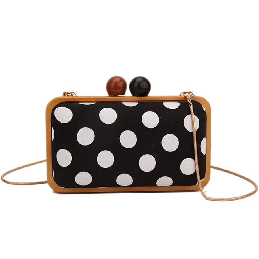 

Vintage Polka Dot Design Messenger Bag Women Wood Style Women's Party Clutch Bag Chains Purse Ladies Mini Shoulder Bag Flap Chic