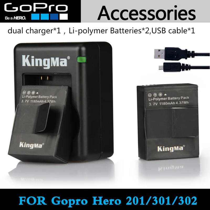 KingMa 2pcs 1180mAh AHDBT-301 201 gopro usb dual charger battery charger with for gopro hero 3 and hero 3+ hero 3 plus