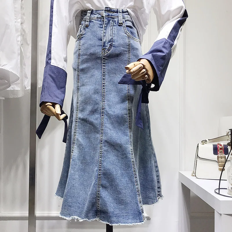 2019 New Women's High Waist Slim Long Jean Fishtail Skirt Spring and Summer Students Simple Blue Denim Skirts | Женская одежда